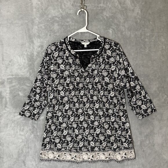 Lucky Brand Top 1X Boho V Neck Plus 3/4 Sleeve Black Floral Bohemian Flowy Tunic - Picture 2 of 10